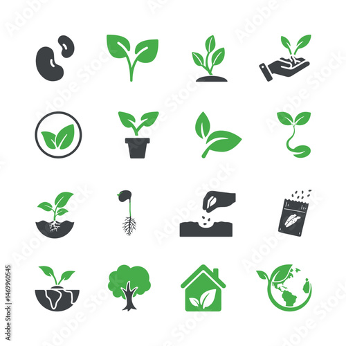 Plant icon. Simple plant growing icons set. Spring growth stage, seeds, seedling, drought, soil testing, agriculture vector illustration. Signs for gardening.
