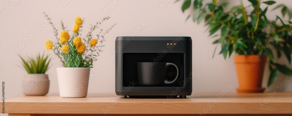 Fototapeta premium A compact black coffee machine with a mug sits on a wooden table, surrounded by potted plants in a cozy indoor setting.