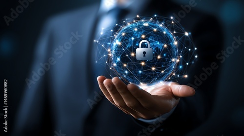 A businessperson holding a glowing digital sphere with a padlock in the center, representing cybersecurity, data protection, and digital security in a connected world.