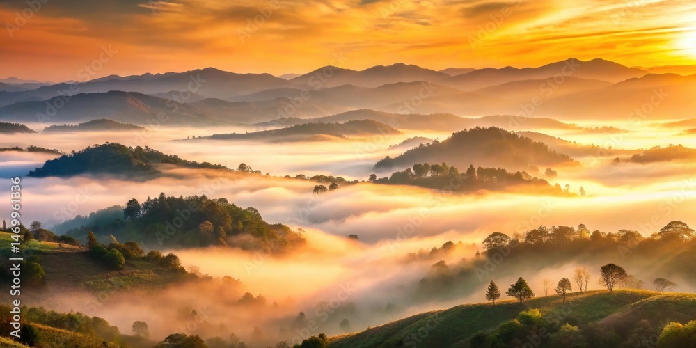 Fototapeta premium Golden Sunrise Over Misty Mountain Ranges, Illuminating Rolling Hills and Verdant Slopes