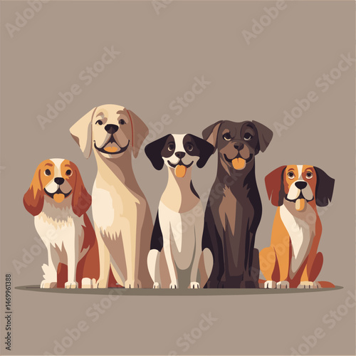 Group Of Adorable Cartoon Dogs Sitting In A Row With Beige Background Vector Illustration