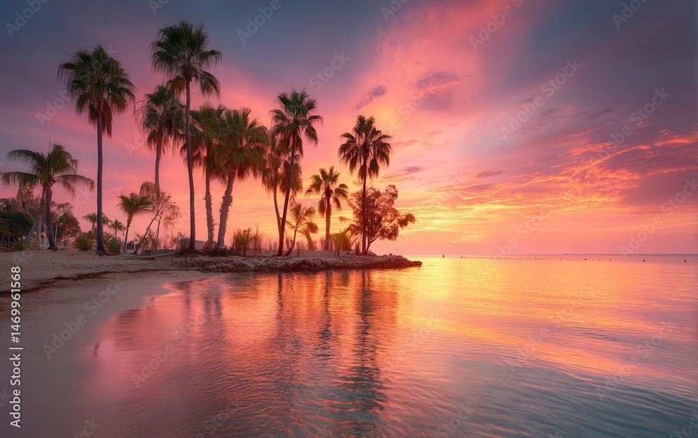 Obraz premium Aerial view of a tropical beach with palm trees at sunset, warm orange sky, and calm ocean waves.