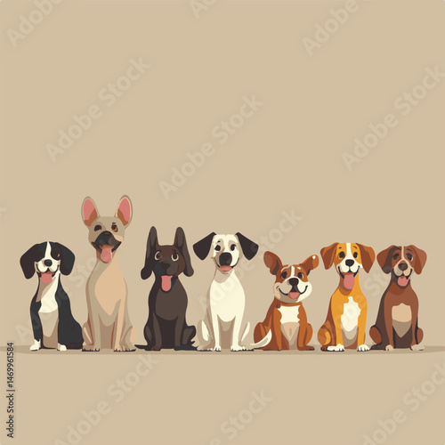 Diverse Group Of Happy Cartoon Dogs Sitting Together Patiently And Looking Forward