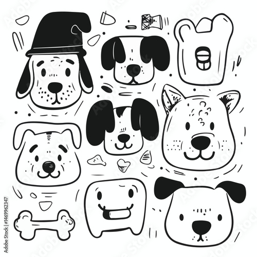 Doodle Art Vector Illustration Featuring Different Dog Breeds And Dog Related Items On White Background