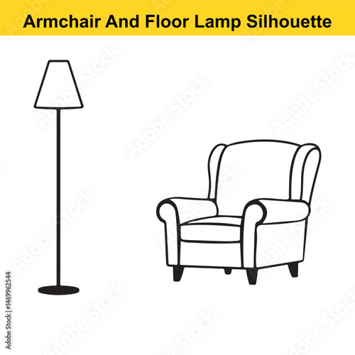 Living Room Icon: Armchair and Floor Lamp Silhouette. Living, room, interior, furniture, armchair, chair, seat