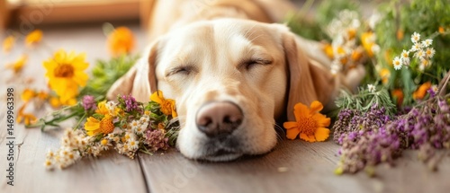 Adorable Dog Relaxing with Natural Remedies Flowers