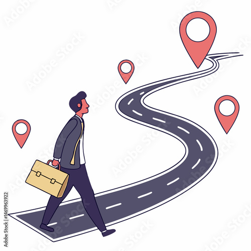 Businessman walks along road with map markers representing journey and destination