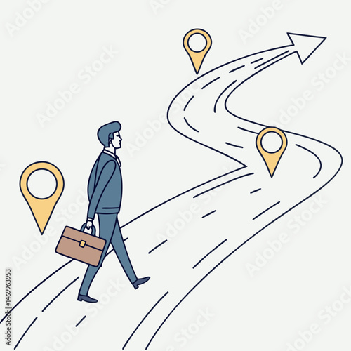 Businessman walking along path with location markers representing future career progress