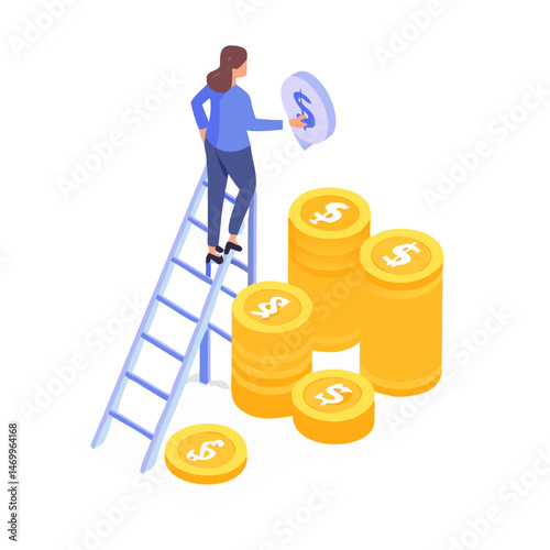 Isometric illustration of a woman placing a dollar coin into wealth stacks