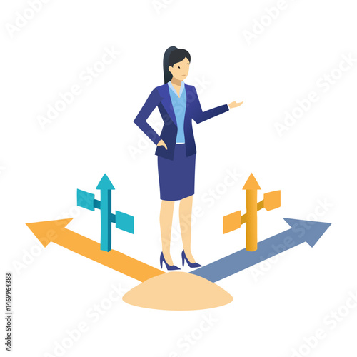 Businesswoman presenting directional choices on white background for strategic decision-making
