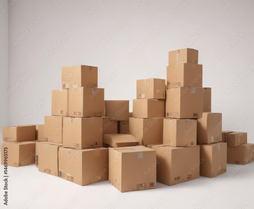 Fototapeta premium Several used brown cardboard boxes ready for recycling against a pure white backdrop , cleanliness, planet, arrangement