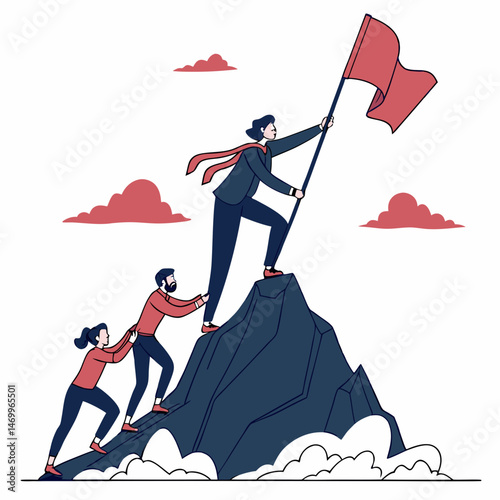 Team reaches summit together achieving success by reaching the top with flag