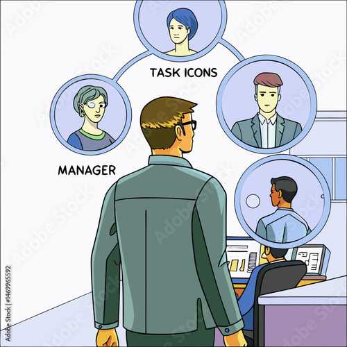 Business manager reviewing team members performance and assessing tasks