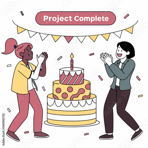 Successful project completion celebration with cake and enthusiastic applause