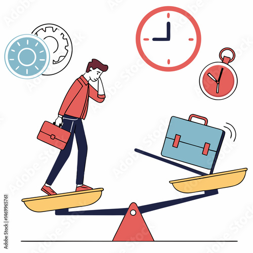 Businessman balancing time and workload on a seesaw for productivity and success