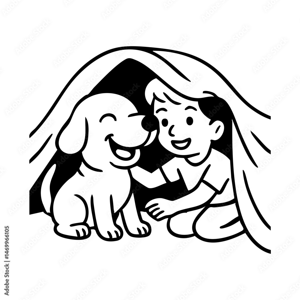 Obraz premium A dog curled under a homemade blanket fort, peeking out beside a child, in a cozy and playful atmosphere.