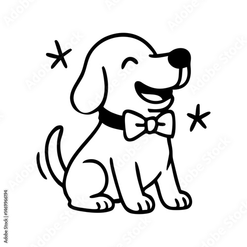 A smiling dog sitting straight, chest puffed out, wearing a bowtie or bandana, looking pleased with itself.