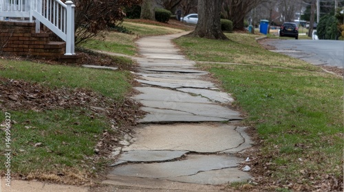 Close-up view of cracked and uneven sidewalk surface creating tripping hazard in urban area. Public safety issue, infrastructure damage, and pedestrian risk in city environment