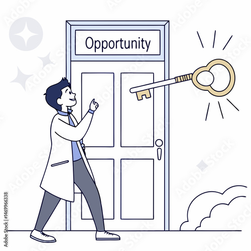 Achieving opportunity a person opening the door with the key of success