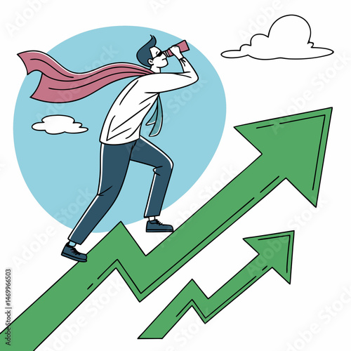Businessman looking through telescope climbing upward arrow concept illustration