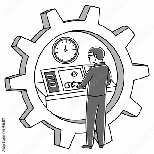 Engineer controlling operation within a gear structure illustrating industrial manufacturing