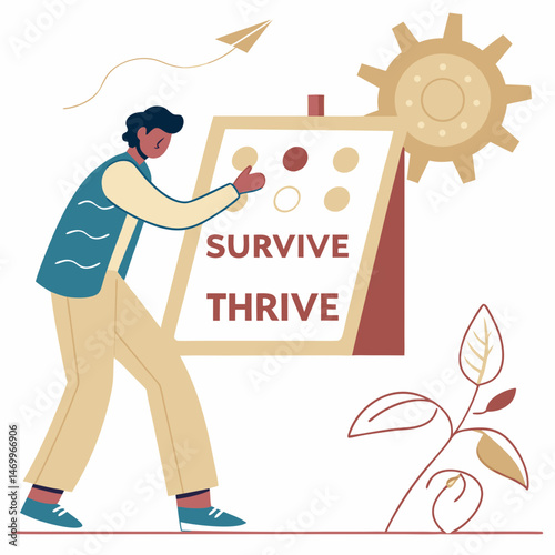 A person's journey from surviving to thriving illustrated in flat design style