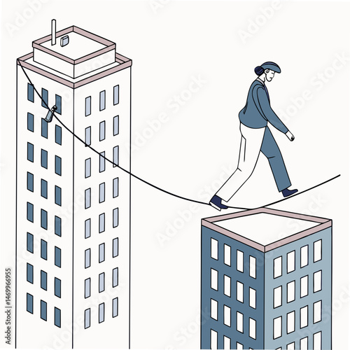 Businessperson balancing on tightrope between two skyscrapers over white background