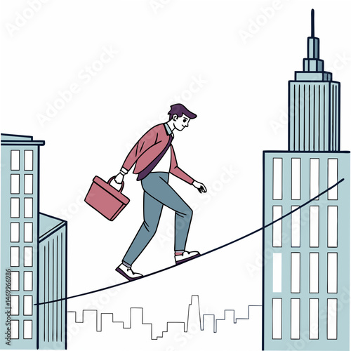 Businessman balancing on tightrope over city with briefcase illustrative design