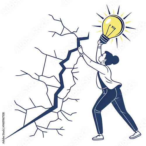Woman holding lightbulb breaking a wall representing ideas and innovation