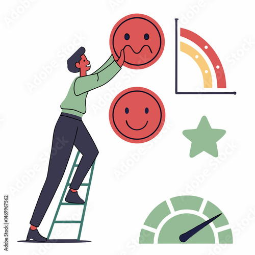 Customer satisfaction evaluation concept depicting moods and progress indicators