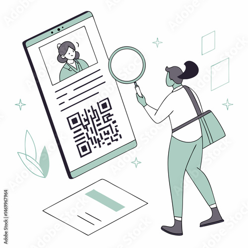 Woman examining phone screen with qr code and magnifying glass illustration
