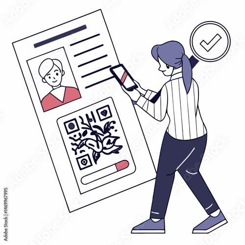 Woman scanning qr code on digital id or verification document illustration