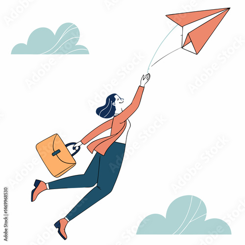 Woman flying towards a paper airplane representing aspirations and success
