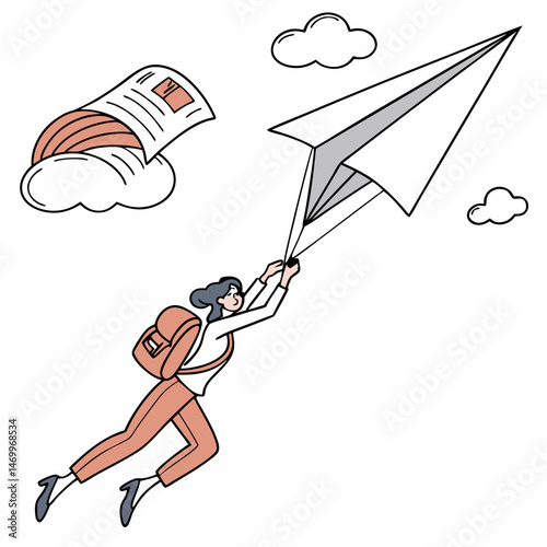 Woman flying with paper airplane conceptualizing freedom and new beginnings
