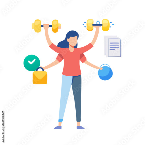 Multi tasking woman balancing work and exercise with transparency