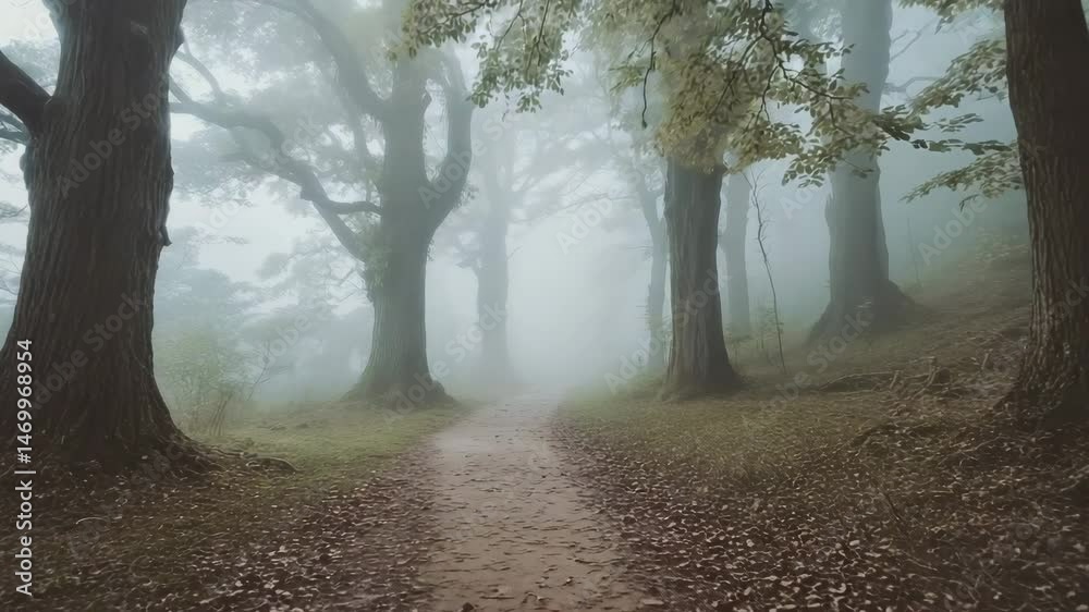Atmospheric forest path leading into dense fog with majestic trees and earthy ground covered in foliage