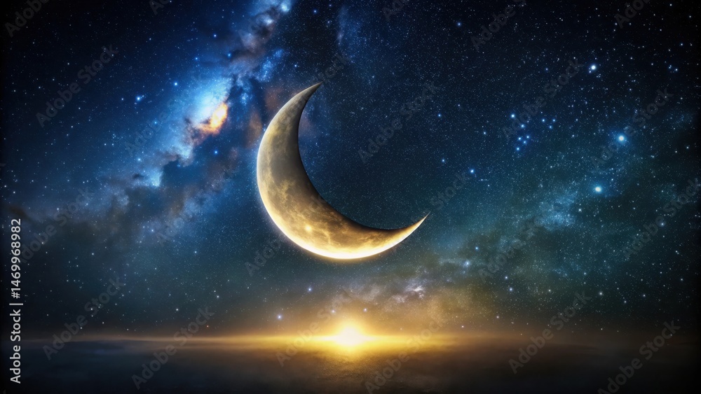 Fototapeta premium Crescent Moon Ascending Over a Serene Horizon at Dawn Under a Starry Sky