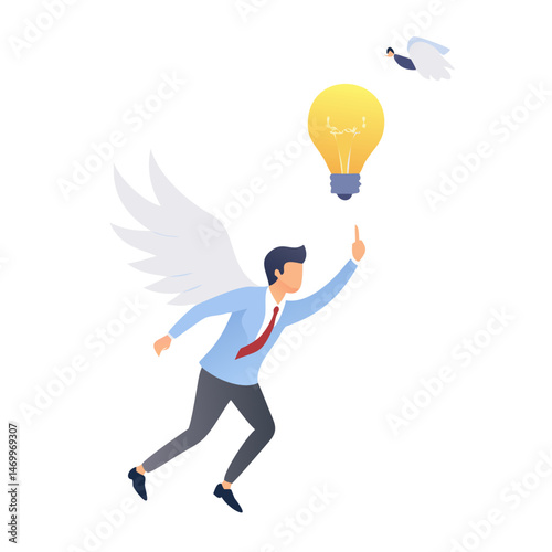 Creative business professional with angel wings chasing light bulb idea concept