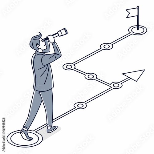 Business visionary focused on future goals using a telescope illustration