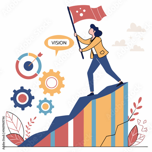 Achieving vision a business person reaches goal on a growth chart illustration