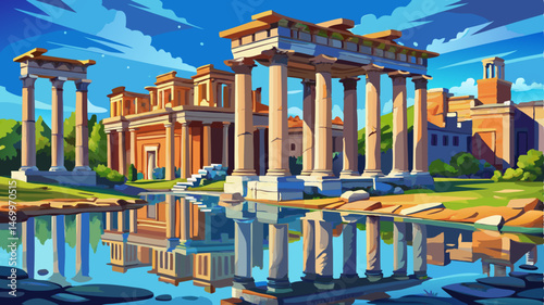 Roman forum ruins are reflecting the grandeur of ancient roman civilization under a clear blue sky, showcasing the historical significance and architectural marvels of this iconic