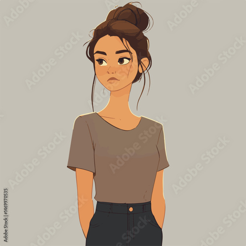 Animated Portrait Of A Brunette Woman With A Bun And Pensive Expression