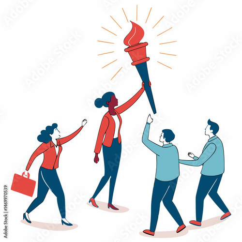 Leadership and teamwork concept illustration of a woman holding a torch with colleagues