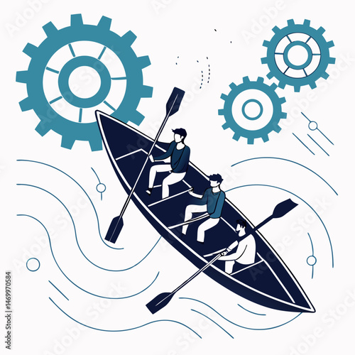 Rowing team rowing together with gears concept of teamwork and success