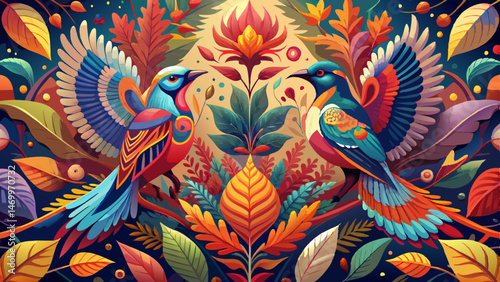 Wallpaper Mural Vibrant Colorful Birds in Autumn Floral Paradise Torontodigital.ca