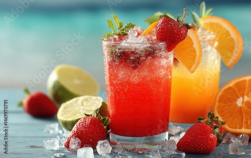 Wallpaper Mural Glass of vibrant fruity drink with orange slice and straw on white background, bright and refreshing. Torontodigital.ca