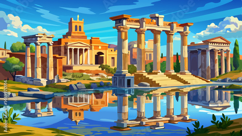Roman forum ruins are reflecting the grandeur of ancient roman civilization under a clear blue sky, showcasing the historical significance and architectural marvels of this iconic
