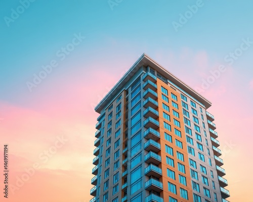 Modern high-rise building exterior with glass windows, luxury real estate showcase
