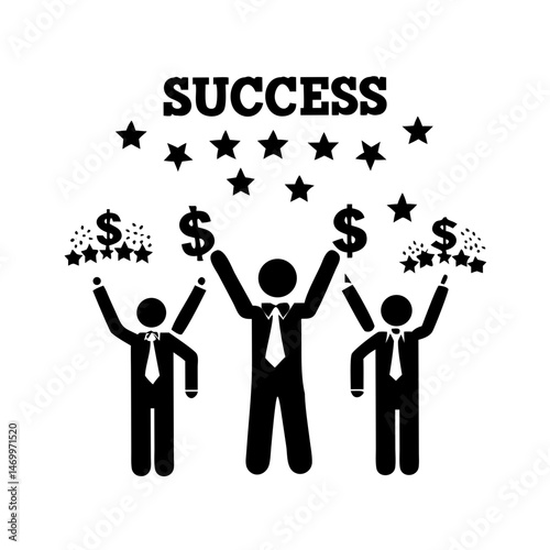 Colleagues celebrate financial success under a shower of dollar symbols silhouette design