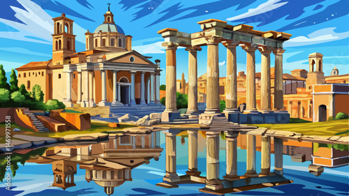 Roman forum ruins are reflecting the grandeur of ancient roman civilization under a clear blue sky, showcasing the historical significance and architectural marvels of this iconic